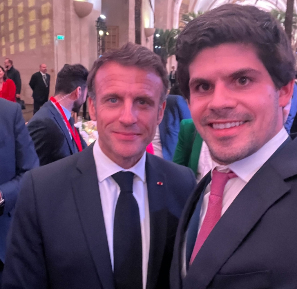 France President Emmanuel Macron and Luis Santiago Pinto, CEO of Powerdot